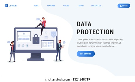 Defense of personal information flat style vector illustration. Cartoon people standing sitting near pc monitor using modern gadgets. Screen with big lock symbol. Computer security concept