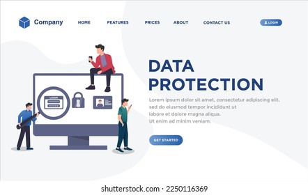 Defense of personal information flat style vector illustration. Cartoon people standing sitting near pc monitor using modern gadgets. Screen with big lock symbol. Computer security concept