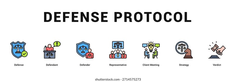 Verteidigungsprotokoll Moderne und saubere Web-Banner-Illustration mit thematischen Symbolen für visuelle Kommunikation