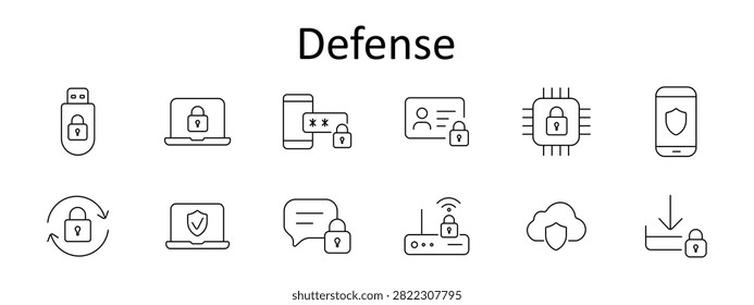 Defense set icon. Secure drive, protected computer, credential access, identification verification, encrypted processor, mobile shield, cybersecurity cycle, guarded workstation, confidential messaging