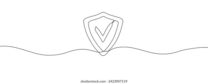 A defense shield with a flag drawn in one continuous line. Protection sign concept. Vector illustration.