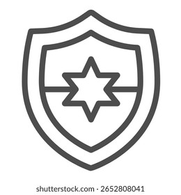 Escudo de defesa e ícone da linha do emblema do xerife, conceito de força policial. Gráficos vetoriais. Emblema de segurança policial com sinal de forma estrela no fundo branco, ícone de estilo de contorno para design móvel ou web
