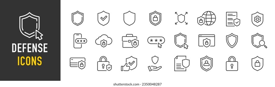 Defense web icons in line style. Security, protection, key, password, code, safe, collection. Vector illustration.