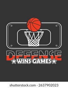 Defense Wins Games Basketball Graphic Design Illustration with Motivational Typography and Striking Artwork for Sports Enthusiast Apparel and Gym Wall Art