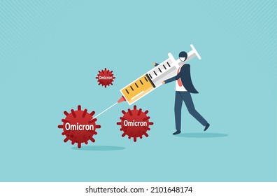 Defensivo y luchador para ganar el virus Omicron, nueva variante COVID-19 y sobrevivir mediante el tratamiento de vacunas o descubrimiento de medicamentos para salvar a las personas. diseño de dibujos animados vectoriales.