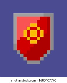 Defensive shield vector, isolated shield with circle as logo or arms of coat, flat style pixel icon for game, arcade or tournament genre adventures