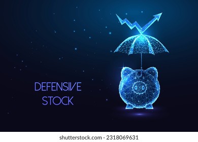 Defensive Stock, Business Resilience Futuristic Konzept mit Sparschwein, Schutzschirm in glänzendem polygonalen Stil auf dunkelblauem Hintergrund. Moderne abstrakte Verbindung Design, Vektorgrafik