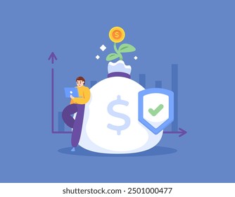 defensive stock investment concept. choosing stocks that tend to be stable to invest in. safe and profitable investment. illustration of an investor with a shield and a bag of investment money. flat