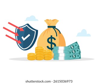defensive stock investment finance concept. shield protect money bag and coin. vector illustration flat design.