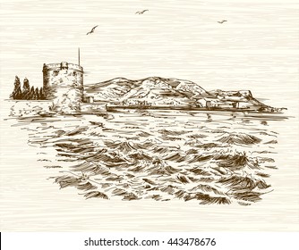 Defensive tower in Mediterranean Sea. Hand drawn illustration.