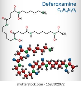 Deferoxamine, desferrioxamine B, DFOA,  C25H48N6O8 molecule. It is an iron chelating agent. Structural chemical formula and molecule model. Vector illustration