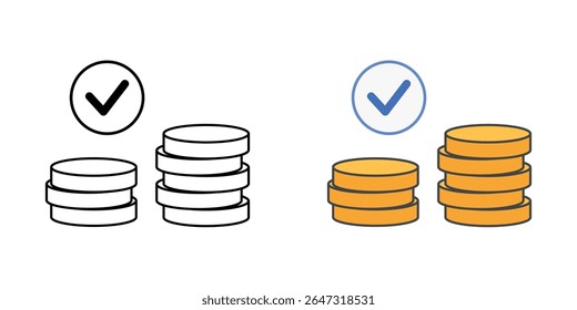 Ícone de aprovação de pagamento diferido com marca de seleção e moedas, nos estilos de estrutura de tópicos e cor, ideal para ilustrar transações BNPL aprovadas, confirmação de pagamento adiado e financiamento de parcelas