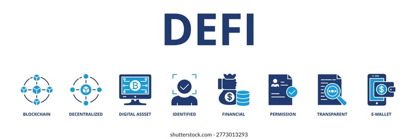 Defi banner web icon vector illustration concept with icon of blockchain, decentralized, digital assset, identified, financial, permission, transparent and e-wallet 