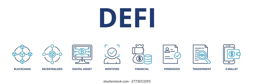 Defi banner web icon vector illustration concept with icon of blockchain, decentralized, digital assset, identified, financial, permission, transparent and e-wallet 
