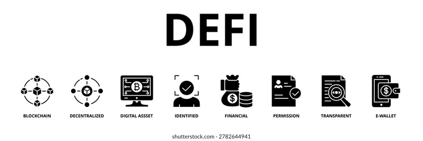 Defi banner web icon vector illustration concept with icon of blockchain, decentralized, digital assset, identified, financial, permission, transparent and e-wallet 