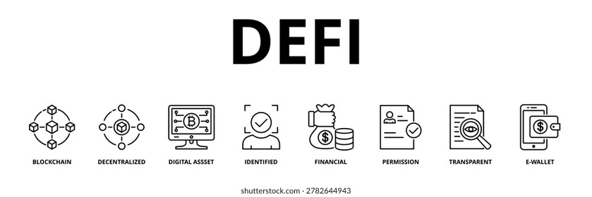 Defi banner web icon vector illustration concept with icon of blockchain, decentralized, digital assset, identified, financial, permission, transparent and e-wallet 