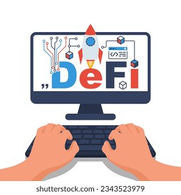 Defi concept. Developer with laptop working on a project. Future technologies. Vector illustration flat design. Isolated on white background.