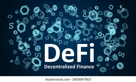 DeFi - decentralized finance with altcoin logos on a dark blue background. Signs of the largest projects in the DeFi sector. Vignetting. Vector 10.