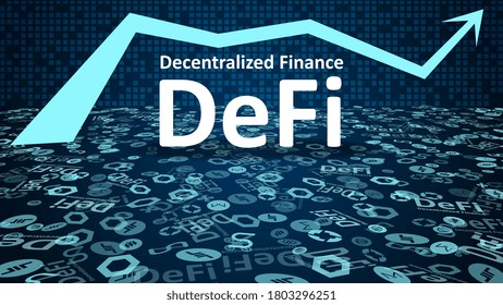 DeFi - decentralized finance with altcoin logos and up arrow symbol on dark blue background. Signs of the largest projects in the DeFi sector. Vignetting. Vector EPS10.