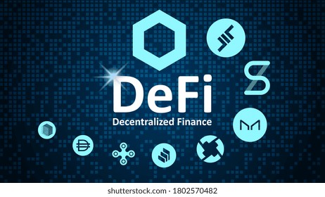 Defi - decentralized finance and altcoins in spiral. Logos of the main coins of the Defi sector on a blue background. Vector EPS10.