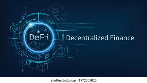 DeFi Decentralized Finance banner for decentralized financial system, cryptocurrency, blockchain, and digital asset. Futuristic vector landing page concept background.