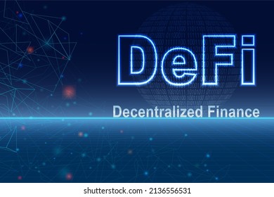 DeFi, Decentralized Finance banner for decentralized financial system, fintech concept futuristic design. Earth globe composed of digital 1 and 0 on abstract background.