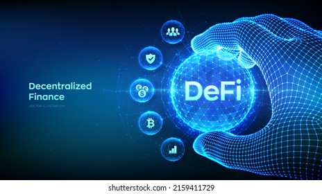 DeFi. Decentralized Finance. Blockchain, decentralized financial system in the shape of polygonal sphere in wireframe hand. Business technology concept on blue background. Vector illustration.