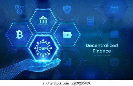 DeFi. Finanzas descentralizadas. Blockchain, sistema financiero descentralizado. Concepto de tecnología empresarial en wireframe hand. Ilustración vectorial.