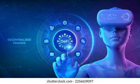 DeFi. Decentralized Finance. Blockchain, decentralized financial system. Cyberspace of metaverse technology concept. Girl wearing VR headset glasses touching digital interface. Vector illustration.