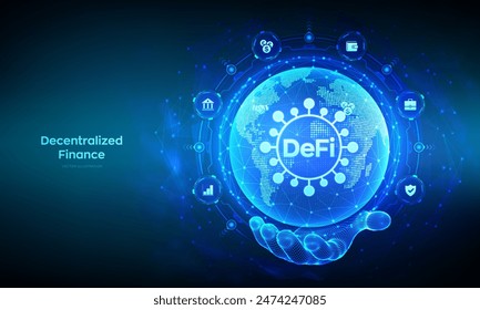 DeFi. Finanzas descentralizadas. Blockchain, sistema financiero descentralizado. Concepto de tecnología empresarial. Composición de punto y línea del mapa mundial. Planeta Tierra globo en la mano del alambre. Ilustración vectorial.