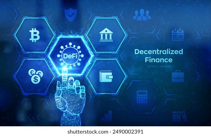 DeFi. Decentralized Finance. Blockchain, decentralized financial system. Business technology concept on virtual screen. Wireframe hand touching digital interface. Vector illustration.