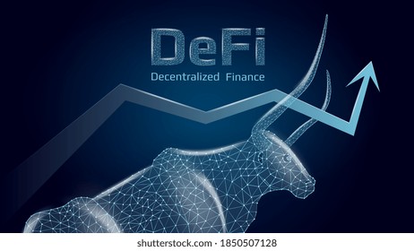 Defi decentralized finance bullish trend with a polygonal bull and an upward arrow on dark blue background. Modern neon vector illustration.