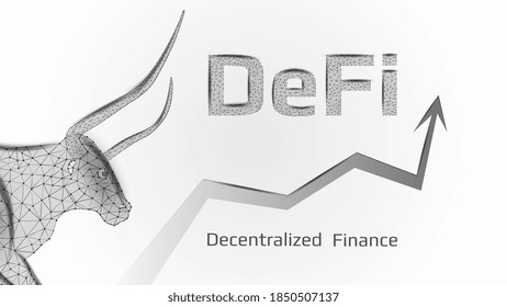 Defi decentralized finance bullish trend with a polygonal bull head and an upward arrow on white background. Vector illustration.