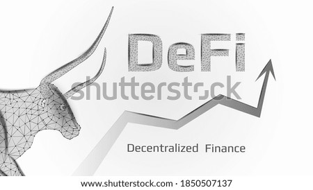 Defi decentralized finance bullish trend with a polygonal bull head and an upward arrow on white background. Vector illustration.