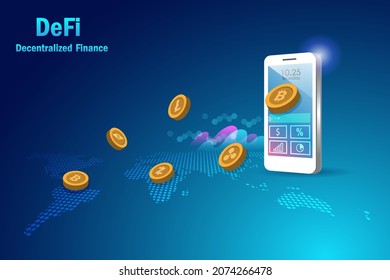 Defi decentralized finance concept. 3D smartphone with digital cryptocurrency trading platform interface on world map cyberspace background.