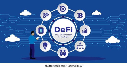 DeFi, Decentralized Finance Concept With icons. Cartoon Vector People Illustration