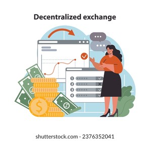 DeFi, decentralized finance. Cryptocurrency decentralized exchange. Smart distributed ledger technology for assets operations without traditional centralized intermediary. Flat vector illustration