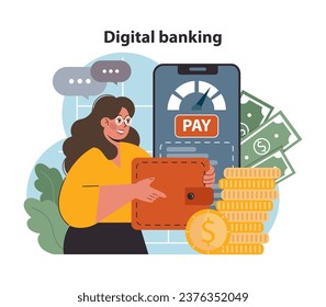 DeFi, decentralized finance. Digital banking and e-wallet. Smart distributed ledger technology for assets operations without traditional centralized intermediary. Flat vector illustration