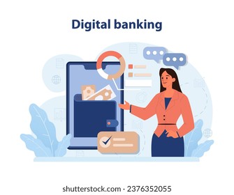 DeFi, decentralized finance. Digital banking and e-wallet. Smart distributed ledger technology for assets operations without traditional centralized intermediary. Flat vector illustration