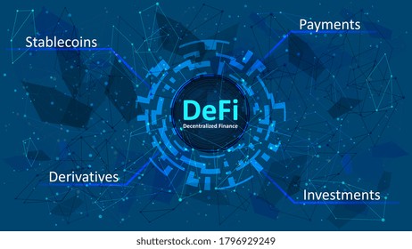 Defi - Decentralized Finance In A Digital Circle On Dark Blue Abstract Polygonal Background. An Ecosystem Of Financial Applications And Services Based On Public Blockchains. Vector EPS 10.