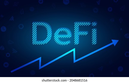 DeFi Decentralized Finance for exchange cryptocurrency.DeFi text logo design.Finance system,block chain and walllet.Blue dark technology system with alt coin vector icon.