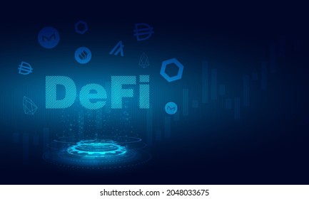 DeFi Decentralized Finance for exchange cryptocurrency.Finance system,block chain and walllet.Blue dark technology system with alt coin vector icon.