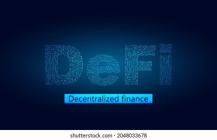 DeFi Decentralized Finance for exchange cryptocurrency.Finance system,block chain and walllet.Blue dark technology system with alt coin vector icon.