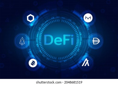 DeFi Decentralized Finance for exchange cryptocurrency.Finance system,block chain and walllet.Circle blue dark technology system with alt coin vector icon.