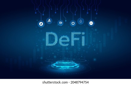 DeFi Decentralized Finance for exchange cryptocurrency.Finance system,block chain and walllet.Blue dark technology system with alt coin vector icon.