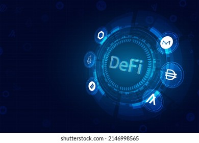 DeFi Decentralized Finance for exchange cryptocurrency.Finance system,block chain and walllet.Circle blue dark technology system with alt coin vector icon.