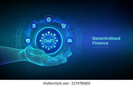 DeFi. Icono de Finanzas descentralizadas en mano robótica. Blockchain, sistema financiero descentralizado. Concepto de tecnología empresarial en pantalla virtual. Ilustración vectorial.