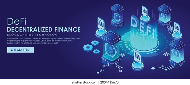 Defi Decentralized Finance isometric composition of cryptocurrency and blockchain with decentralized finance 3D Rendering vector.