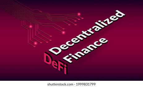 Financiación descentralizada descentralizada, texto isométrico con pistas de PCB sobre fondo rojo. Ecosistema de aplicaciones y servicios financieros basados en cadenas de bloqueo públicas.  Ilustración vectorial.