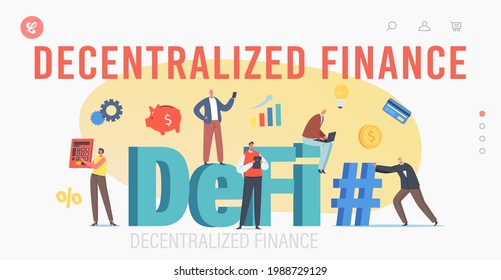 DeFi, Decentralized Finance Landing Page Template. Tiny Businesspeople Characters with Huge Calculator, Hashtag, Piggy Bank and Cryptocurrency Data Chart Statistics. Cartoon People Vector Illustration